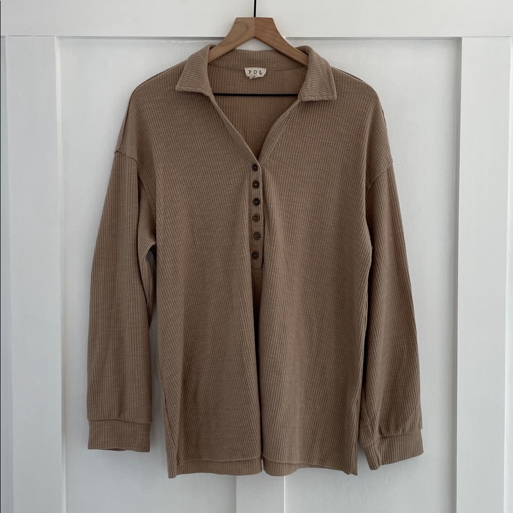 POL On The Road Long Sleeve Ribbed Knit Collared Long Sleeve Henley Shirt Size M